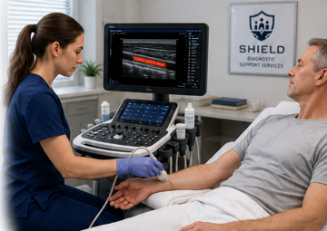 Sonographer performing ultrasound on patient
