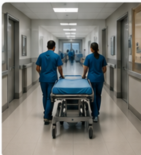 Hospital corridor with medical staff