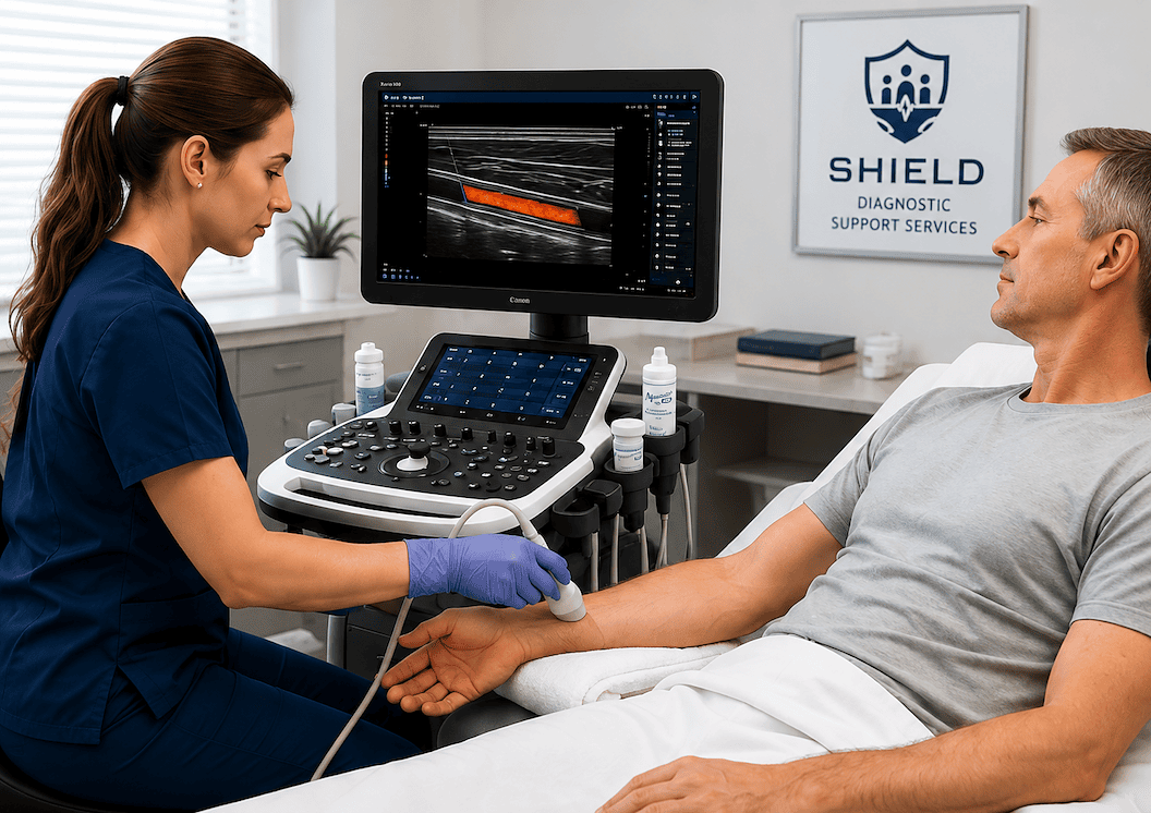 Sonographer performing ultrasound on patient