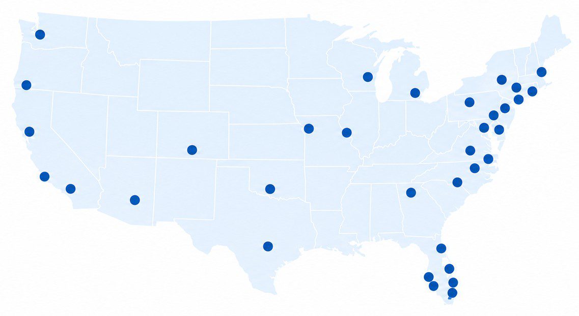 Map of the United States showing coverage areas