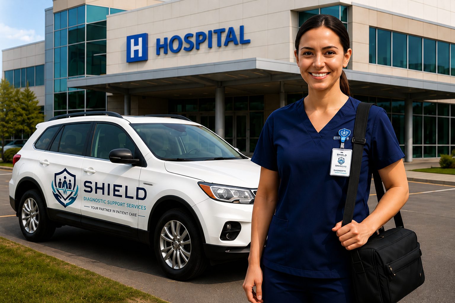 Sonographer standing beside Shield vehicle outside hospital